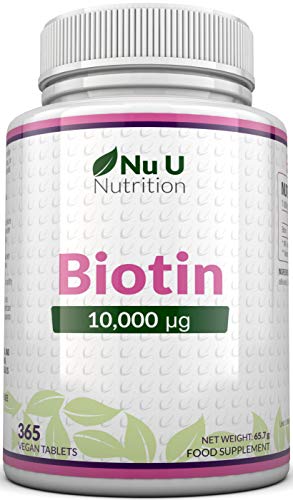 Biotin hochdosiert 10.000 mcg - für Haar-Wachstum, kräftige Nägel & gesunde Haut - volle Jahresversorgung - 365 Tabletten - Nahrungsergänzungsmittel von Nu U Nutrition
