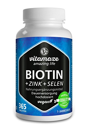 Biotin hochdosiert 10.000 mcg + Selen + Zink für Haarwuchs, Haut & Nägel - Der VERGLEICHSSIEGER 2018* - 365 vegane Tabletten für 1 Jahr, Made-in-Germany